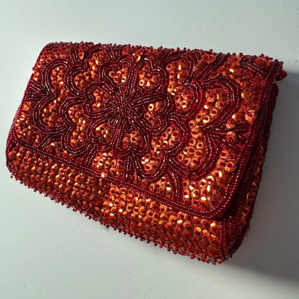 La Regale Vtg Red Beads Sequin Clutch Evening Bag Glam Wedding Guest Bridal Gala